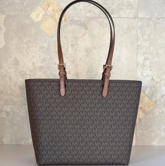 MICHAEL KORS JET SET TRAVEL MEDIUM DOUBLE POCKET TOTE SHOULDER BAG MK BROWN - Picture 2 of 6